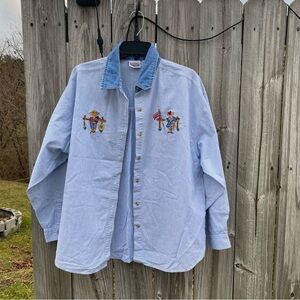 Vintage Teddy Bear Embroidered Casual Denim Collar Blue Striped Shirt